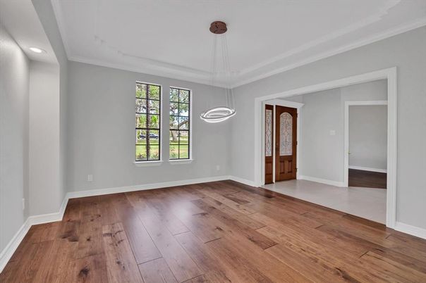 Empty room, Interior, Pendant Lights, Recessed Lighting, Wood Texture Flooring