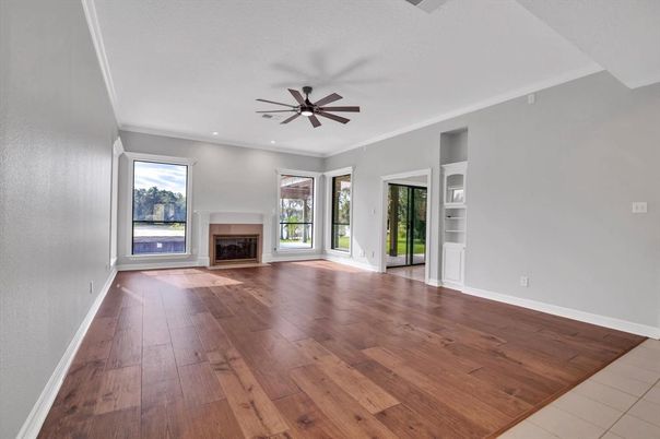 Empty room, Fireplace, Interior, Recessed Lighting, Wood Texture Flooring