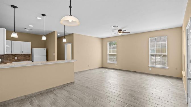 Empty room, Interior, Kitchen, Pendant Lights, Recessed Lighting, Wood Texture Flooring