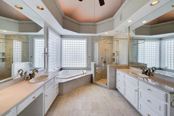 Bathroom, Dual Sink Vanities, Glass Shower, Interior, Recessed Lighting