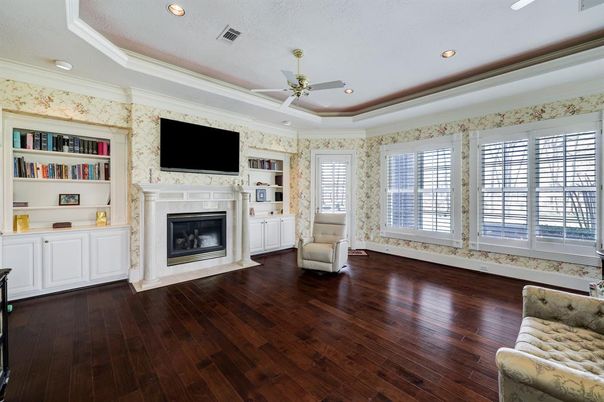 Empty room, Fireplace, Interior, Recessed Lighting, Wood Texture Flooring