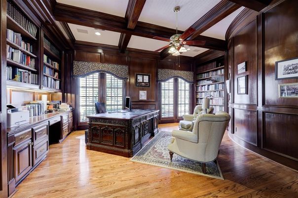 Home Office, Interior, Recessed Lighting, Wooden Beams, Wood Texture Flooring, Wooden Walls