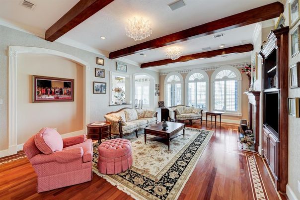 Chandelier, Fireplace, Interior, Living room, Recessed Lighting, Wooden Beams, Wood Texture Flooring