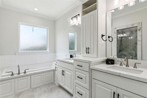 Bathroom, Dual Sink Vanities, Interior, Marble, Recessed Lighting
