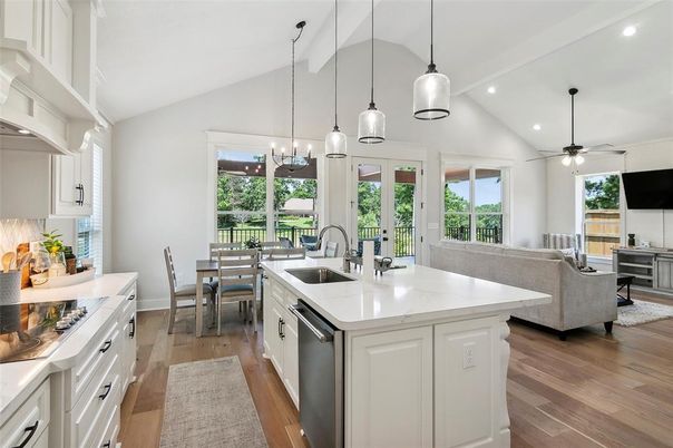 Dining room, Interior, Kitchen, Pendant Lights, Recessed Lighting, Wood Texture Flooring