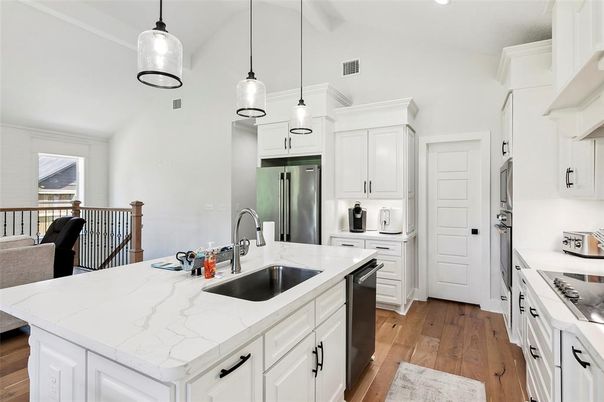 Interior, Kitchen, Pendant Lights, Recessed Lighting, Stainless Steel Appliances, Wood Texture Flooring