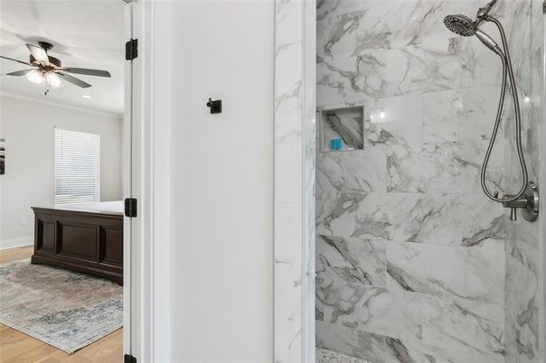 Bathroom, Interior, Marble Walls, Recessed Lighting, Wood Texture Flooring