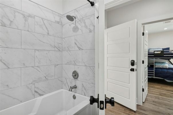 Bathroom, Interior, Marble Walls, Recessed Lighting, Wood Texture Flooring