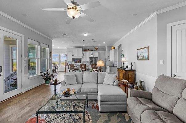 Dining room, Interior, Kitchen, Living room, Pendant Lights, Recessed Lighting, Stainless Steel Appliances, Wood Texture Flooring