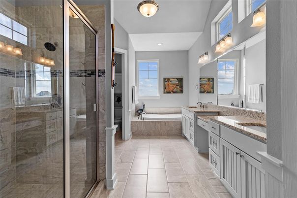 Bathroom, Dual Sink Vanities, Glass Shower, Interior, Recessed Lighting
