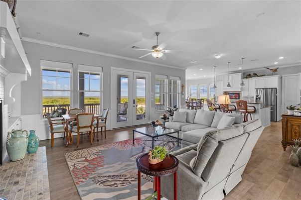 Dining room, Interior, Kitchen, Living room, Pendant Lights, Recessed Lighting, Stainless Steel Appliances, Wood Texture Flooring