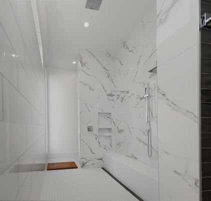 Bathroom, Glass Shower, Interior, Marble Walls, Recessed Lighting
