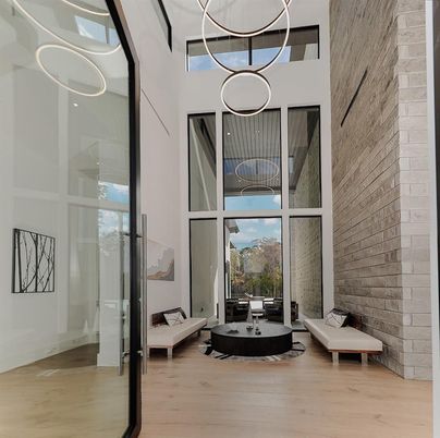 Interior, Pendant Lights, Stone Walls, Wood Texture Flooring
