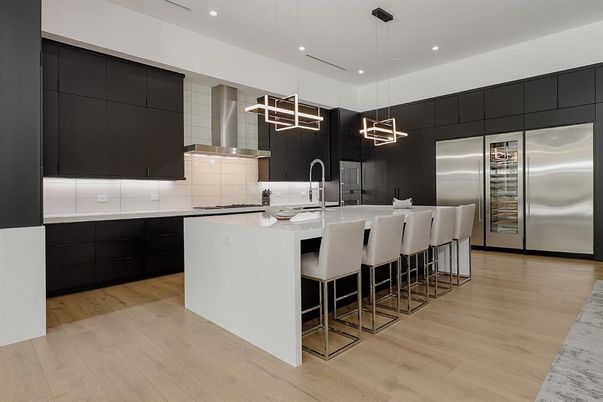 Interior, Kitchen, Pendant Lights, Recessed Lighting, Stainless Steel Appliances, Wood Texture Flooring