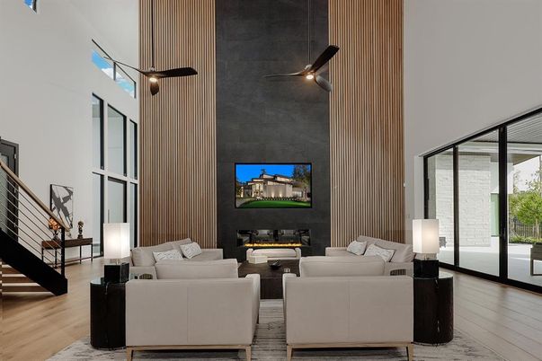 Fireplace, Interior, Living room, Pendant Lights, Wood Texture Flooring