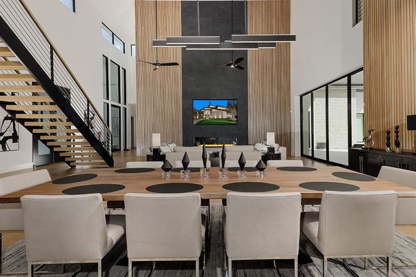 Dining room, Fireplace, Interior, Pendant Lights, Wood Texture Flooring