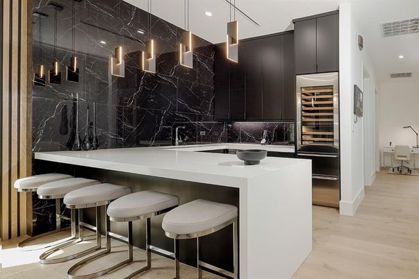 Interior, Kitchen, Marble Walls, Pendant Lights, Recessed Lighting, Wood Texture Flooring