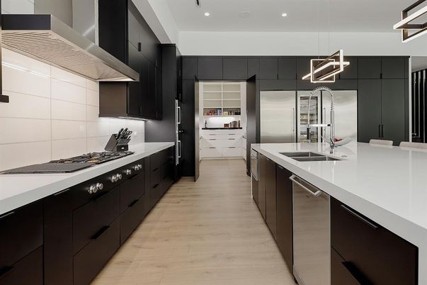 Interior, Kitchen, Pendant Lights, Recessed Lighting, Stainless Steel Appliances, Wood Texture Flooring