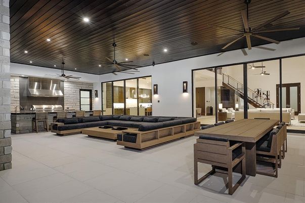 Dining room, Interior, Kitchen, Living room, Pendant Lights, Recessed Lighting, Stainless Steel Appliances, Stone Walls, Wooden Ceilings