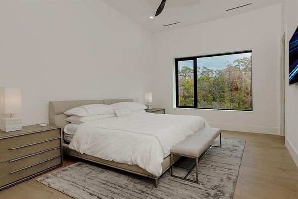Bedroom, Interior, Recessed Lighting, Wood Texture Flooring