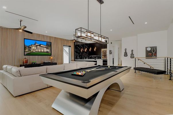 Billiard Table, Game Room, Interior, Living room, Pendant Lights, Recessed Lighting, Wood Texture Flooring