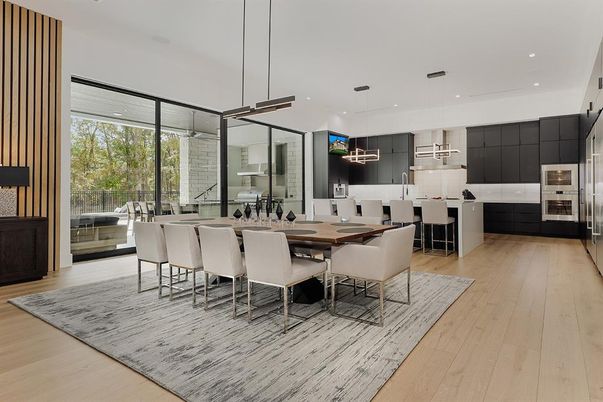 Dining room, Interior, Kitchen, Pendant Lights, Recessed Lighting, Stainless Steel Appliances, Wood Texture Flooring