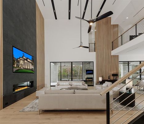 Fireplace, Interior, Living room, Pendant Lights, Recessed Lighting, Wood Texture Flooring