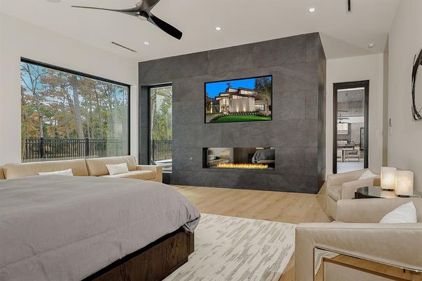 Bedroom, Fireplace, Interior, Recessed Lighting, Wood Texture Flooring