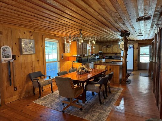Chandelier, Dining room, Interior, Kitchen, Pendant Lights, Wooden Ceilings, Wood Texture Flooring, Wooden Walls