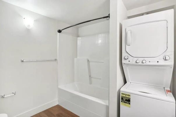 Bathroom, Interior, Utility Closets, Washer, Wood Texture Flooring