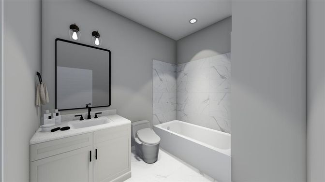 Bathroom, Dual Sink Vanities, Interior, Marble, Marble Walls, Recessed Lighting