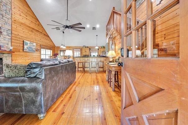 Interior, Kitchen, Living room, Pendant Lights, Recessed Lighting, Stone Walls, Wood Texture Flooring, Wooden Walls