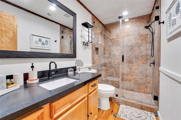Bathroom, Glass Shower, Interior, Recessed Lighting, Wood Texture Flooring