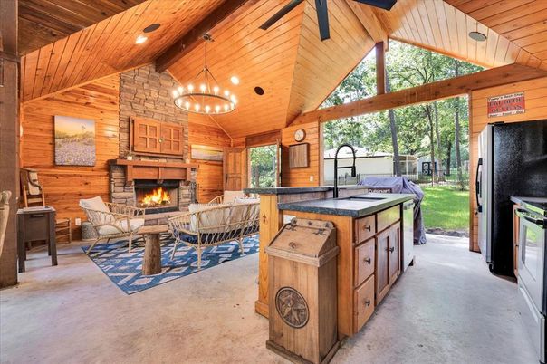 Fireplace, Interior, Kitchen, Living room, Pendant Lights, Recessed Lighting, Stone Walls, Wooden Beams, Wooden Ceilings, Wooden Walls