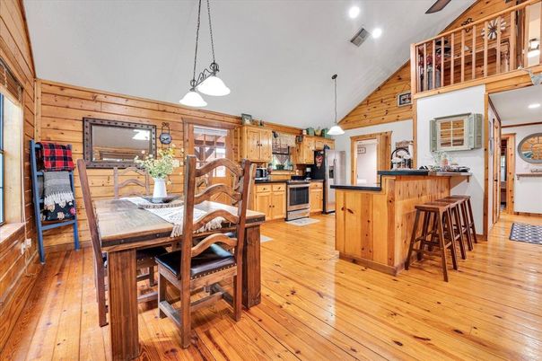 Dining room, Interior, Kitchen, Pendant Lights, Recessed Lighting, Wood Texture Flooring, Wooden Walls
