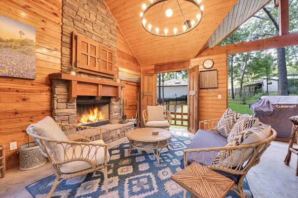 Fireplace, Interior, Living room, Pendant Lights, Stone Walls, Wooden Ceilings, Wooden Walls