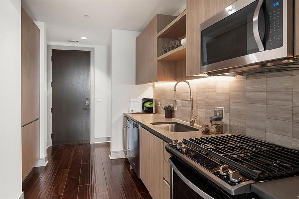 Interior, Kitchen, Recessed Lighting, Stainless Steel Appliances, Wood Texture Flooring
