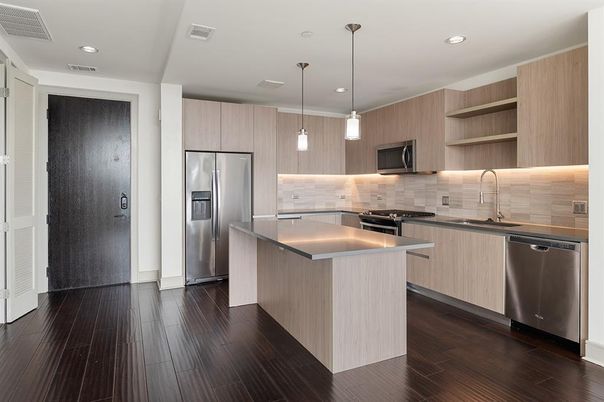 Interior, Kitchen, Pendant Lights, Recessed Lighting, Stainless Steel Appliances, Wood Texture Flooring