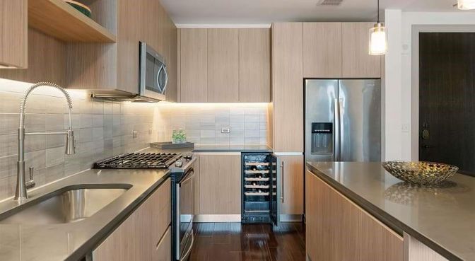 Interior, Kitchen, Pendant Lights, Stainless Steel Appliances, Wood Texture Flooring