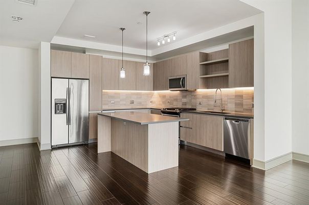 Interior, Kitchen, Pendant Lights, Stainless Steel Appliances, Wood Texture Flooring