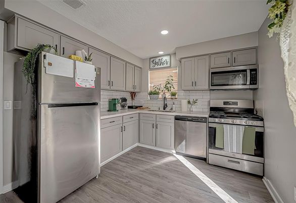 Interior, Kitchen, Recessed Lighting, Stainless Steel Appliances, Wood Texture Flooring