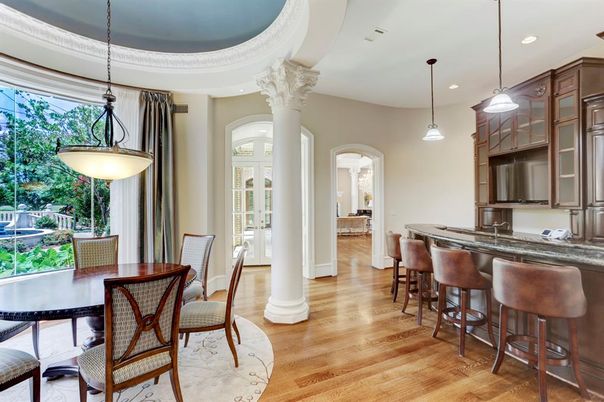 Dining room, Interior, Pendant Lights, Recessed Lighting, Wood Texture Flooring
