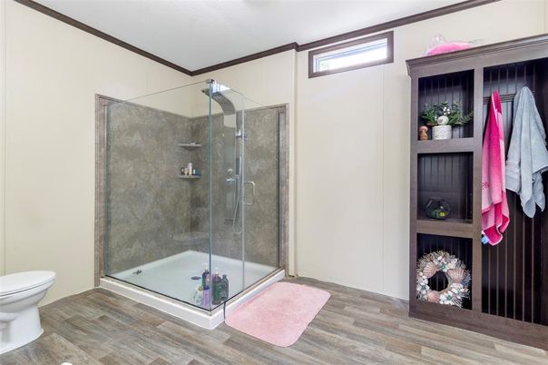 Bathroom, Glass Shower, Interior, Wood Texture Flooring