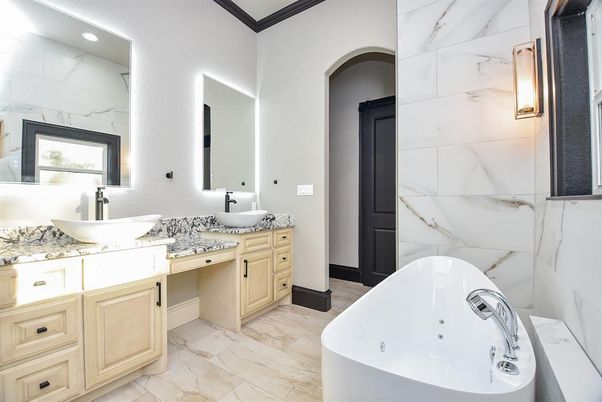 Bathroom, Dual Sink Vanities, Free Standing Baths, Interior, Marble Walls, Recessed Lighting