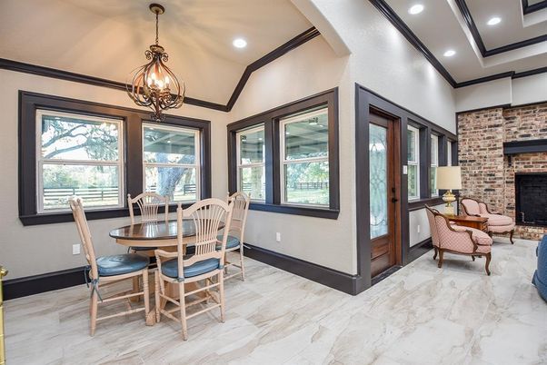 Dining room, Fireplace, Interior, Marble, Pendant Lights, Recessed Lighting, Stone Walls