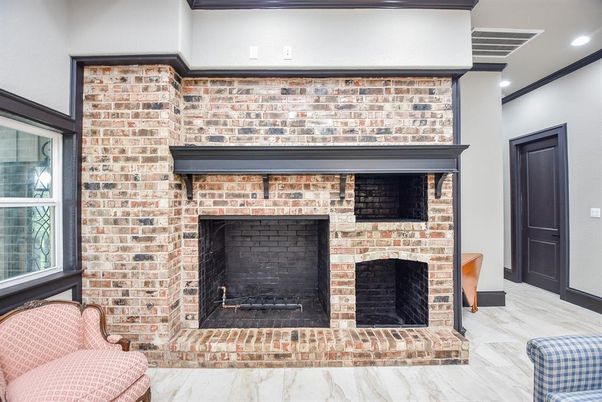 Fireplace, Interior, Recessed Lighting, Stone Walls, Wood Texture Flooring