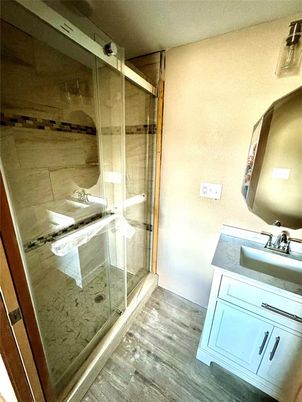 Bathroom, Glass Shower, Interior, Wood Texture Flooring