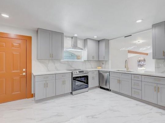 Interior, Kitchen, Marble, Marble Walls, Recessed Lighting, Stainless Steel Appliances