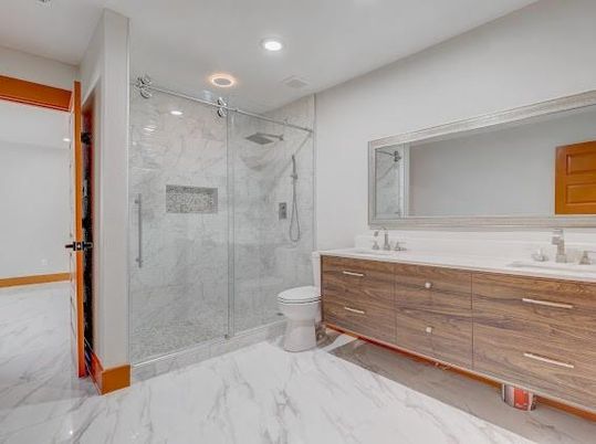Bathroom, Glass Shower, Interior, Marble, Marble Walls, Recessed Lighting