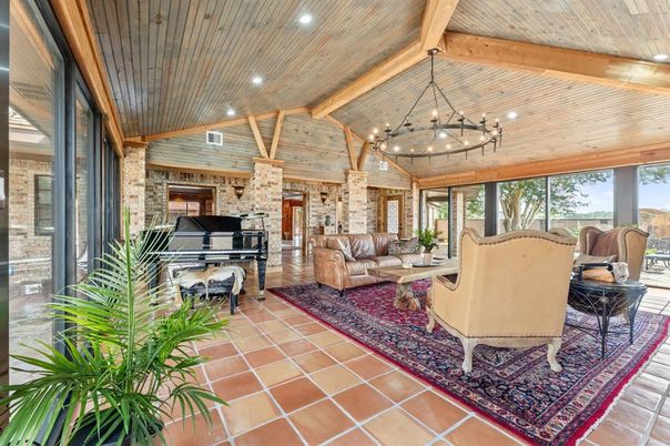 Chandelier, Interior, Living room, Pendant Lights, Piano, Recessed Lighting, Stone Walls, Wooden Beams, Wooden Ceilings